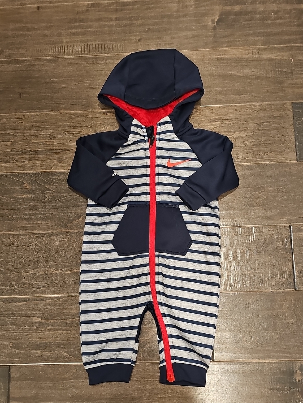 Nike Navy & Gray Striped Hooded One-Piece Romper Onesie with Red Zipper - Picture 6 of 6